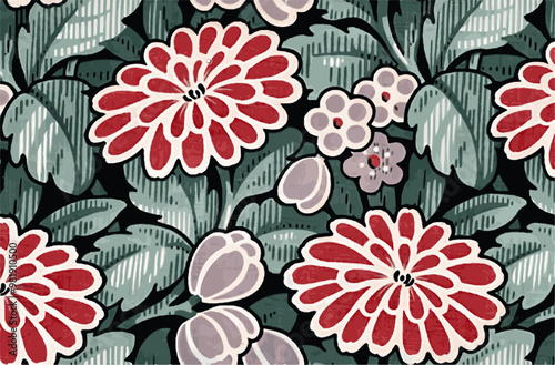 A bold textile pattern featuring red chrysanthemums, green leaves, and purple flowers against a dark background.