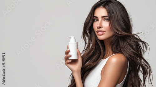 Elegant Female Model Showcasing Product on White Background for Mockup Designs