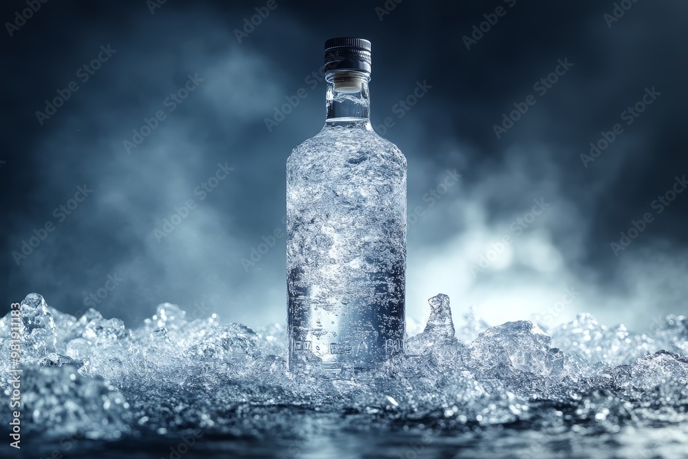 Cold Vodka Bottle On Ice Dark Background