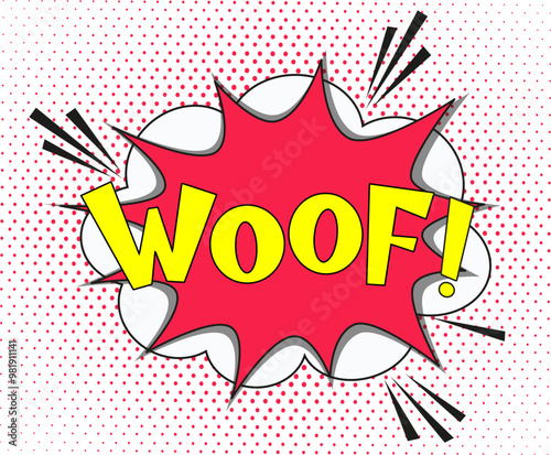 Comic lettering woof. Vector bright cartoon illustration in retro pop art style. Comic text sound effects. EPS 10.