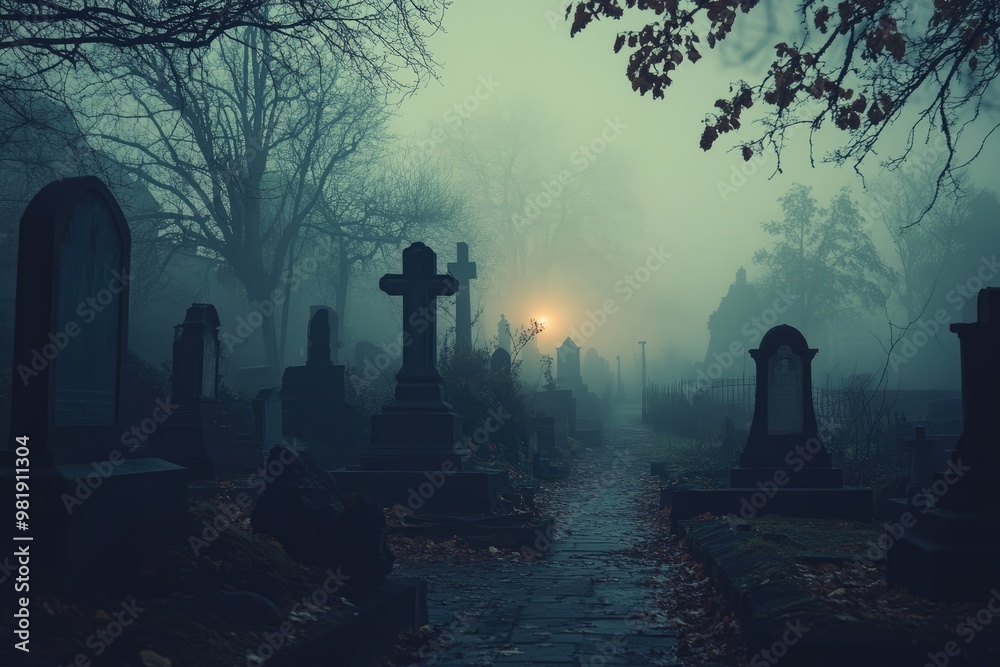 A Misty Path Through a Cemetery with Cross Gravestones A Misty Path Through a Cemetery with Cross Gravestones