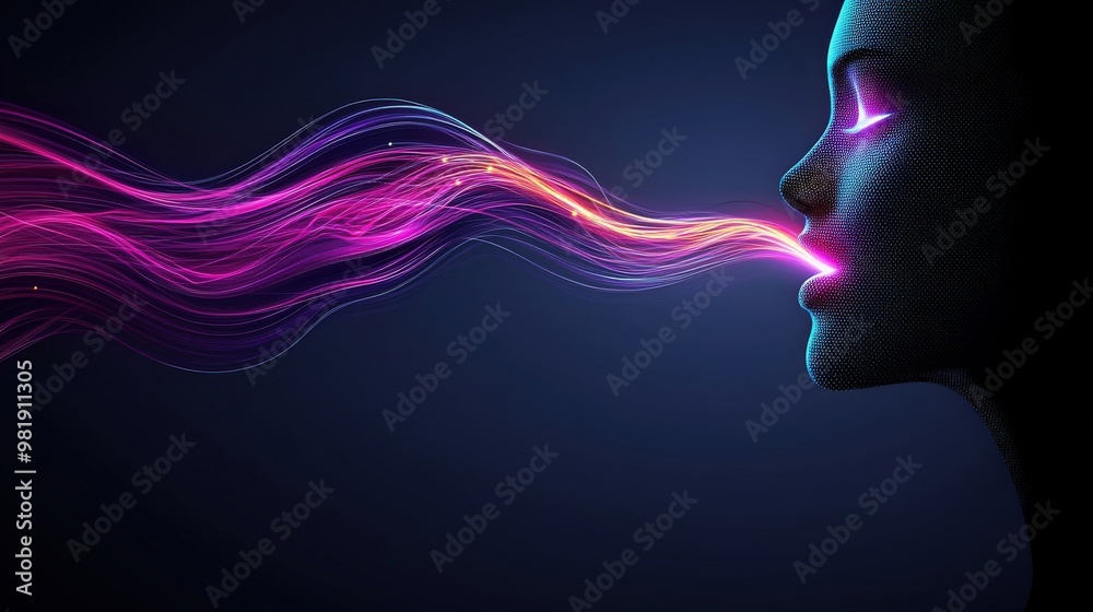 Obraz premium Abstract Woman Profile with Flowing Digital Lines in Neon Light Digital Art