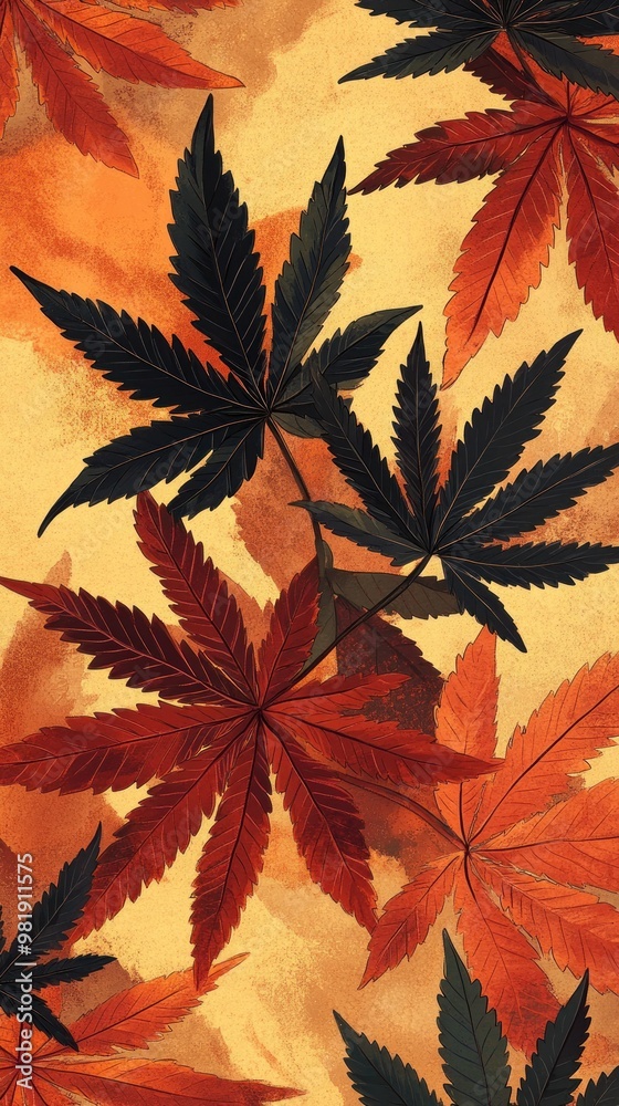 Dark Green and Red Cannabis Leaves on a Yellow Background Dark Green and Red Cannabis Leaves on a Yellow Background