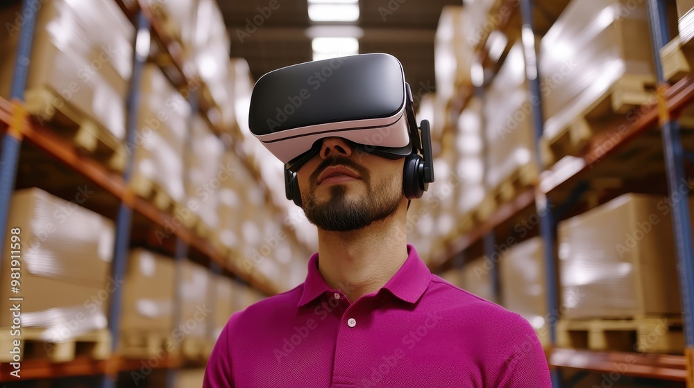 Man Wearing VR Headset in Warehouse
