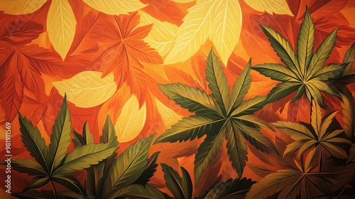 Abstract Floral Pattern with Green and Orange Leaves