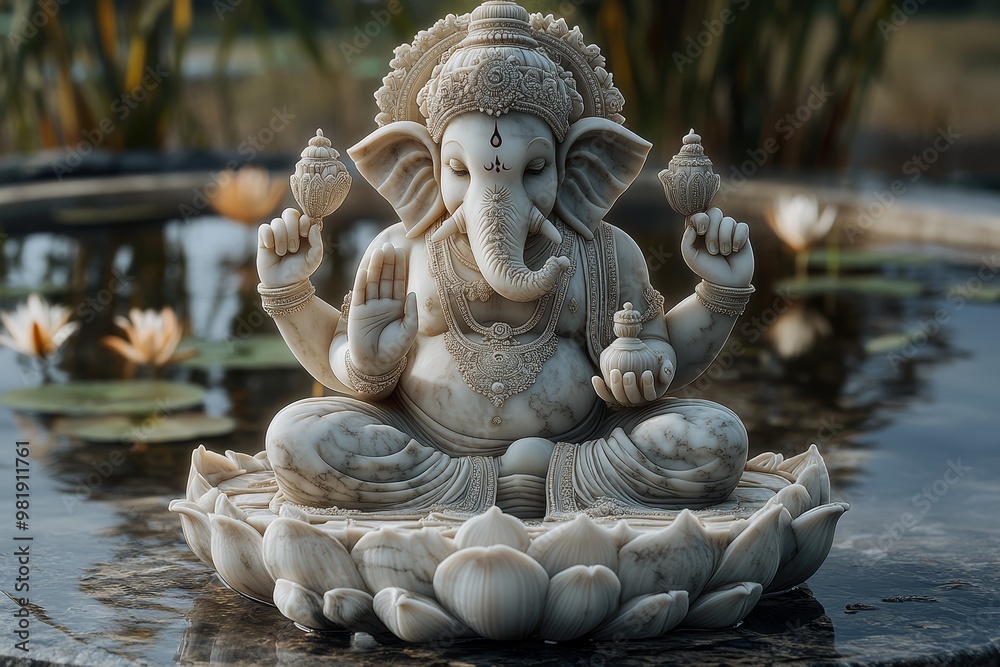 Fototapeta premium Ganesha Statue on Lotus Flower in Water