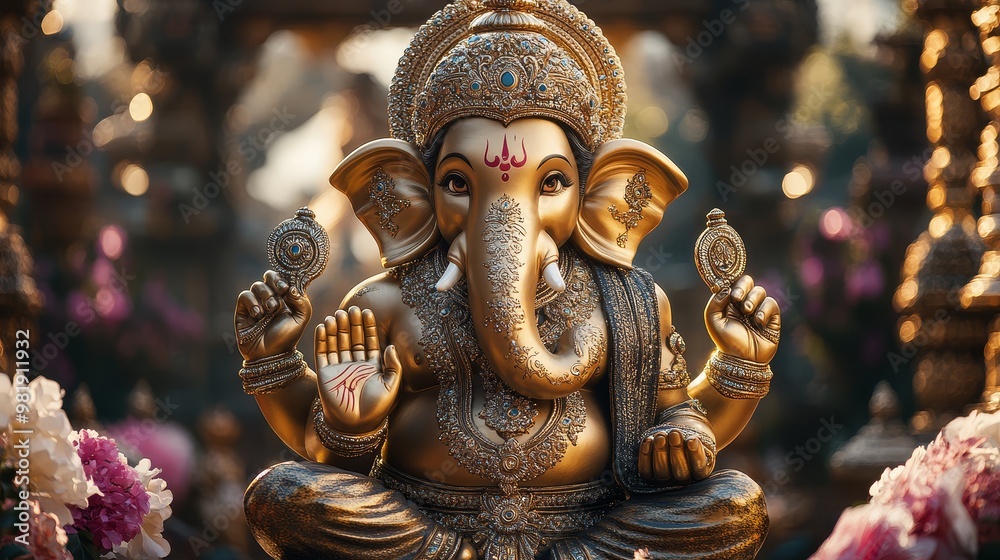 Golden Ganesha Statue with Flowers and Bokeh Background