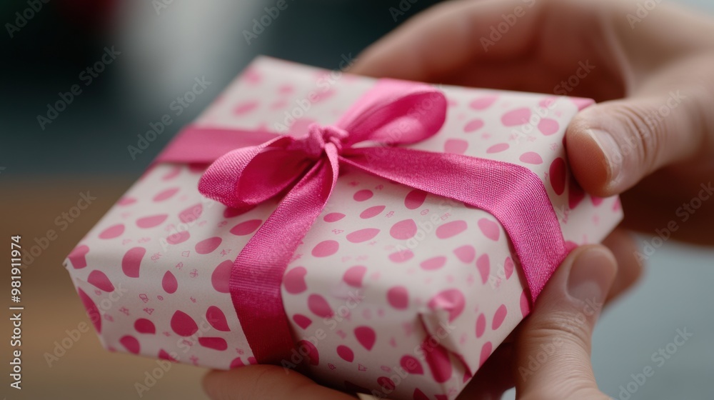 A person holding a wrapped gift with pink ribbon and polka dots, AI A person holding a wrapped gift with pink ribbon and polka dots, AI