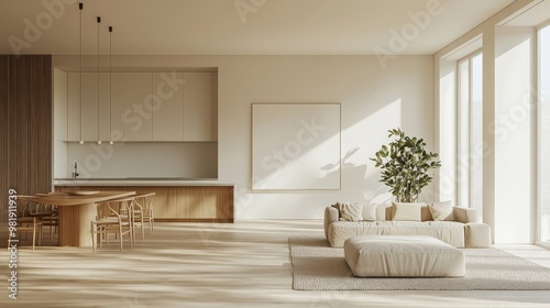 A minimalist home interior with an open floor plan, neutral colors, and simple furniture, creating a serene living space.