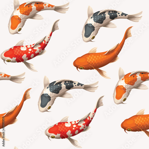 A seamless pattern featuring colorful koi fish in various designs and colors, ideal for textiles or graphic design.