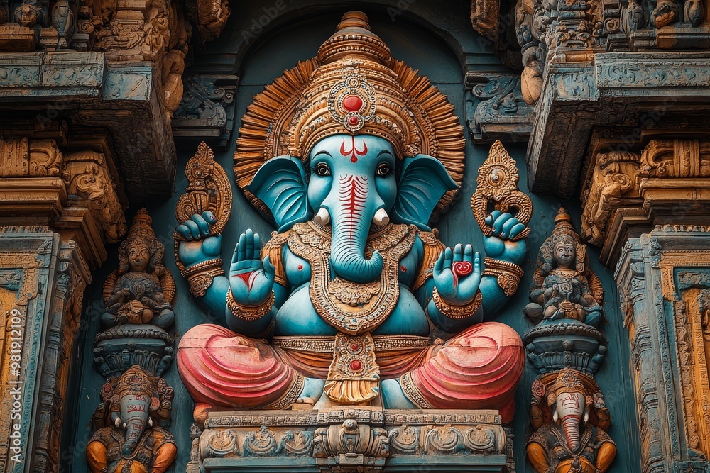 Fototapeta premium Colorful Ganesha Statue on Hindu Temple Wall