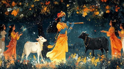Krishna Playing Flute in a Garden with Cows and Gopis
