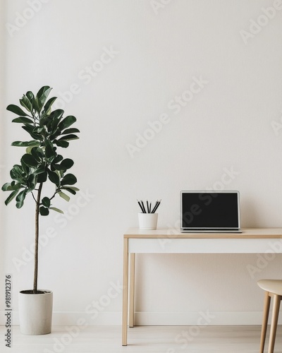 A minimalist home office with a neutral color palette, featuring a sleek desk, a laptop, and a single plant, embodying simplicity and functionality.