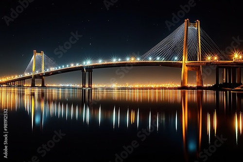 Photograph of the massive new bridge across an island in Galveston at night