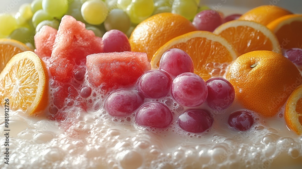 Fresh Fruit Salad with Orange Watermelon Grapes in Milk Bath Fresh Fruit Salad with Orange Watermelon Grapes in Milk Bath