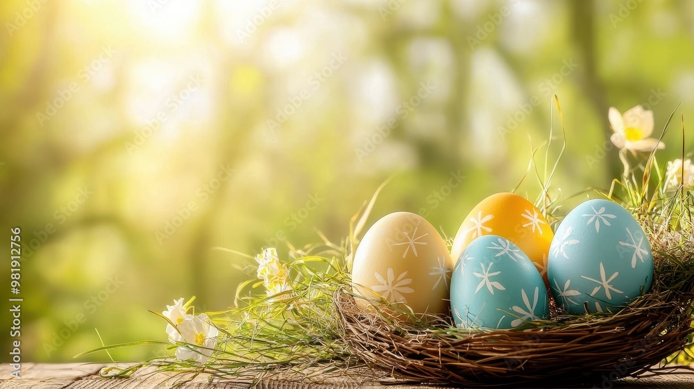 Easter Eggs in Nest with Spring Flowers and Green Background Easter Eggs in Nest with Spring Flowers and Green Background