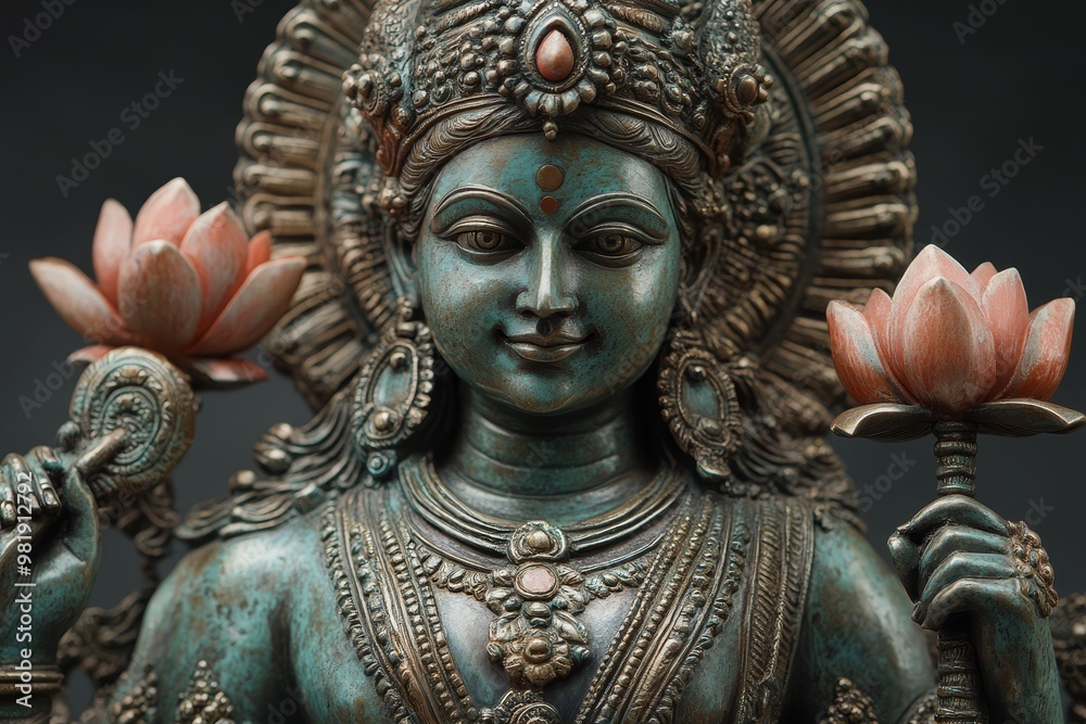 Lakshmi Hindu Goddess Statue with Lotus Flowers Close up Lakshmi Hindu Goddess Statue with Lotus Flowers Close up
