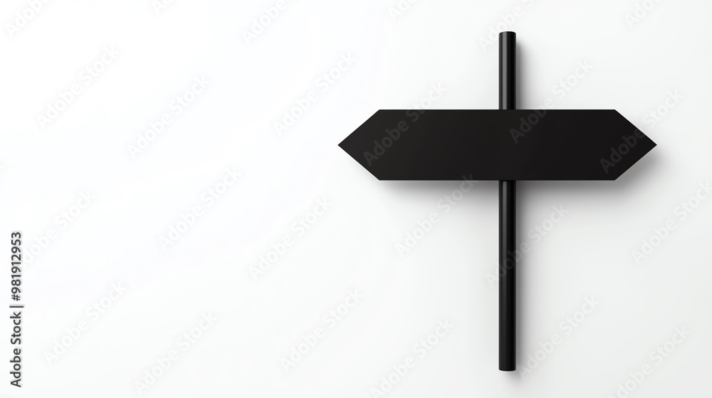 A blank black directional sign mounted on a white wall, perfect for indicating choices or guiding directions in visual designs. A blank black directional sign mounted on a white wall, perfect for indicating choices or guiding directions in visual designs.