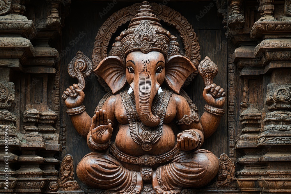 Intricate Wooden Carving of Hindu Deity Ganesha Intricate Wooden Carving of Hindu Deity Ganesha