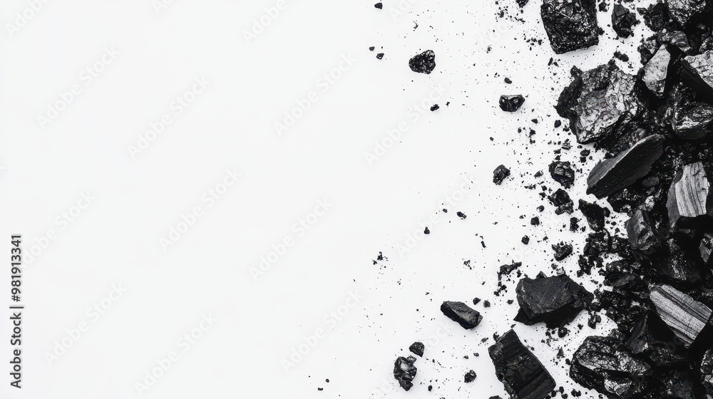 Fototapeta premium Black Coal Texture Crushed Charcoal Pieces on White Background