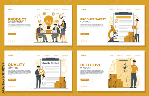 product quality control landing page template concept product development, safety, quality, defective set 
