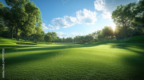 Lush green golf course under a bright sky with scattered clouds.