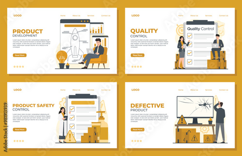 product quality control landing page template concept product development, safety, quality, defective set 