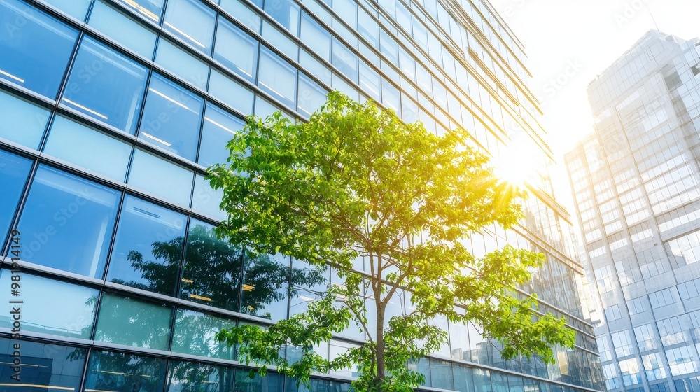 Modern Glass Building Facade with Tree and Sunlight Modern Glass Building Facade with Tree and Sunlight