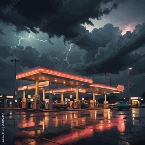 Car gas station in retro style. Classic car with gas station. EPS version.	

