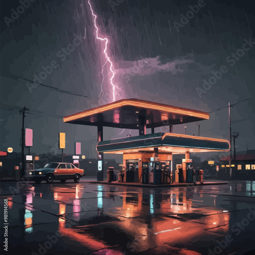 Car gas station in retro style. Classic car with gas station. EPS version.	
