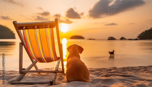 the dog lay on beside the couch on the beach at sunset , ai generate