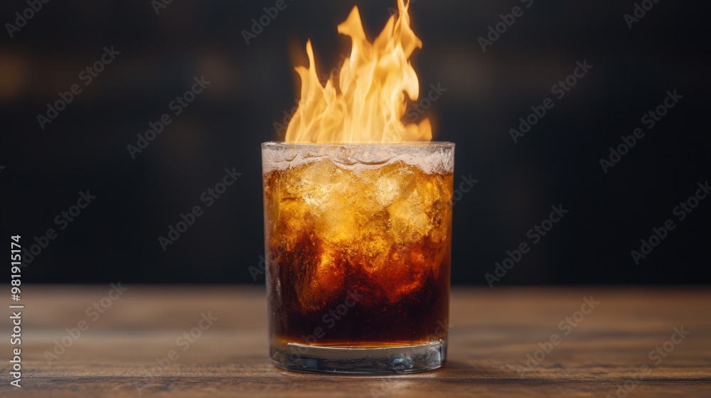 Flaming cocktail drink on wooden table