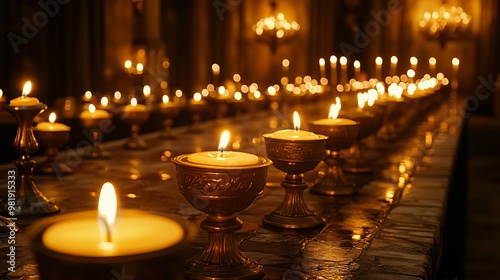 A table with rows of lamps is lit by several candles. 