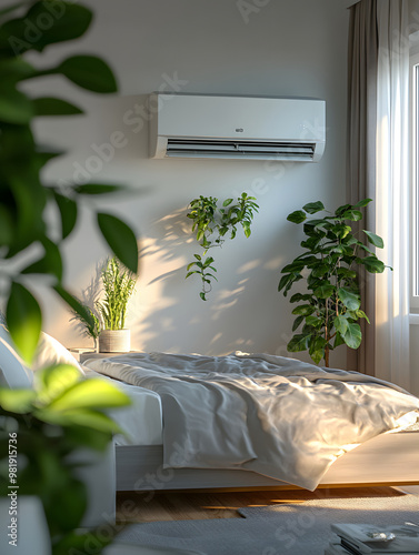 Minimalist bedroom interior with sunlight filtering through the window, featuring an air conditioning unit and indoor potted plants.