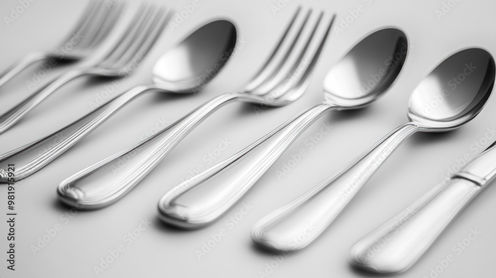 A row of polished cutlery arranged neatly on a surface. A row of polished cutlery arranged neatly on a surface.