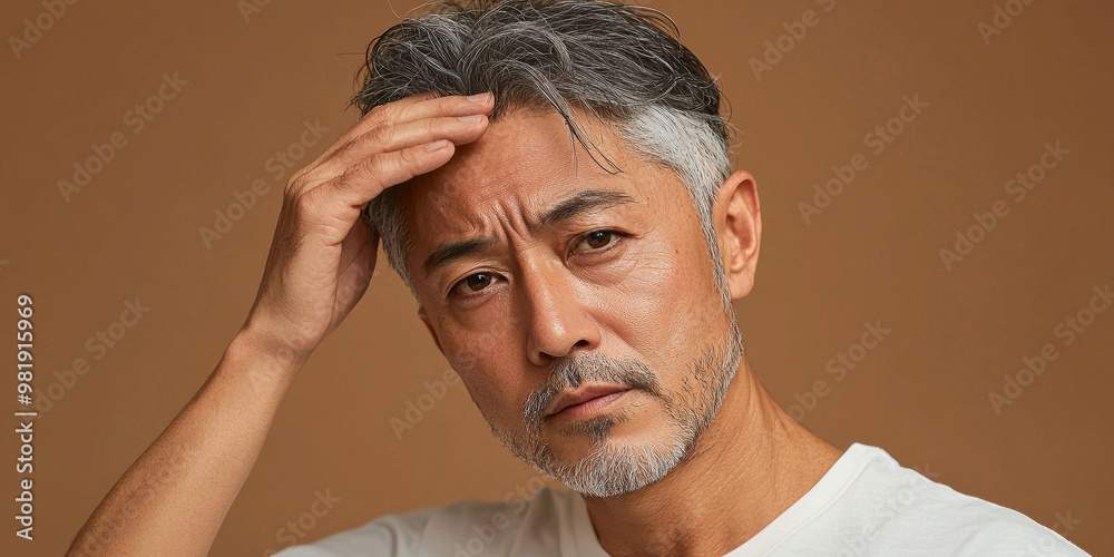 Obraz premium A middle-aged man with gray hair touching his head, generative AI