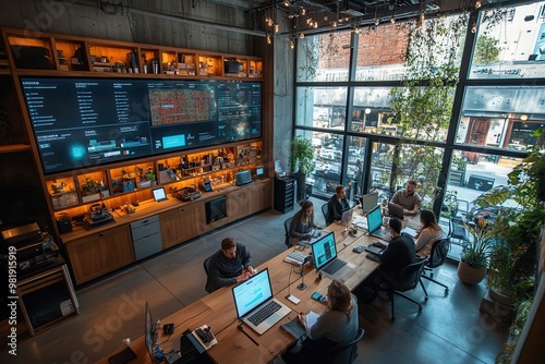 Wallpaper Mural Modern open office space with people working on computers, large screen on wall, and windows showcasing urban view. Torontodigital.ca