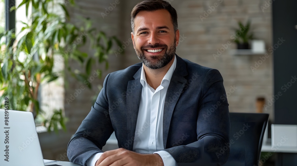 Smiling Businessman in a Modern Office Setting Smiling Businessman in a Modern Office Setting