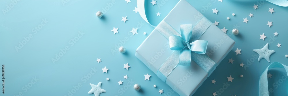 Top view of a gift box with a congratulatory card, clean light blue background, small stars, celebratory and uplifting. Top view of a gift box with a congratulatory card, clean light blue background, small stars, celebratory and uplifting.