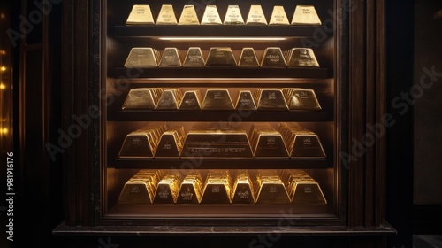 Wallpaper Mural A collection of gold bars stacked in a luxurious display cabinet with backlighting, creating a striking visual effect. Torontodigital.ca
