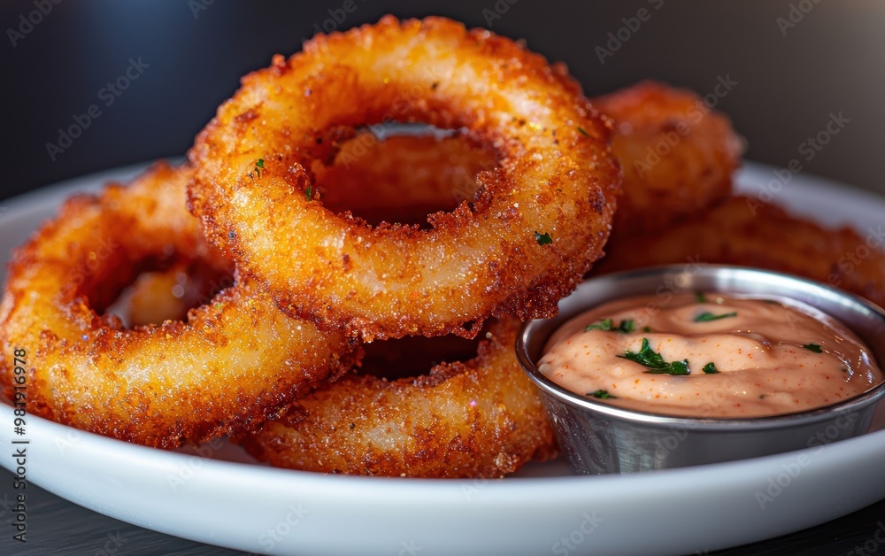 Delicious crispy onion rings with dipping sauce Delicious crispy onion rings with dipping sauce