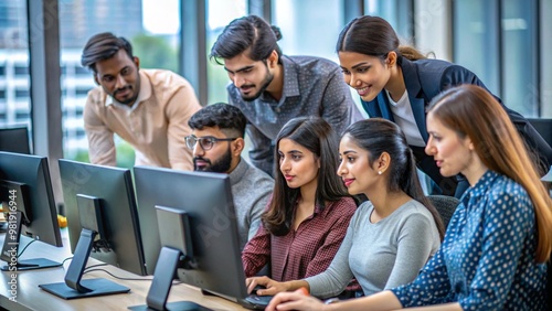 Young Team of South Asian Specialists Working on Desktop Computers at a Modern Workplace. Indian Software Developer Discussing a Financial Software Project with a Female Team Leader photo