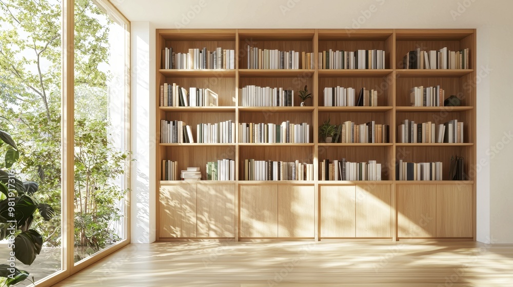 Modern Minimalist Bookshelf with Sunlight and Greenery View Modern Minimalist Bookshelf with Sunlight and Greenery View