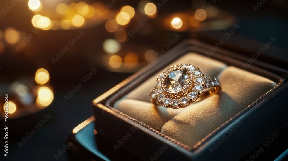 A gem-encrusted ring displayed in a sophisticated jewelry box, with soft lighting highlighting its brilliance. A gem-encrusted ring displayed in a sophisticated jewelry box, with soft lighting highlighting its brilliance.
