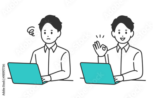 パソコンを見て悩む･OKサインのポーズをする若い男性のセット【人物ベクターイラスト素材】