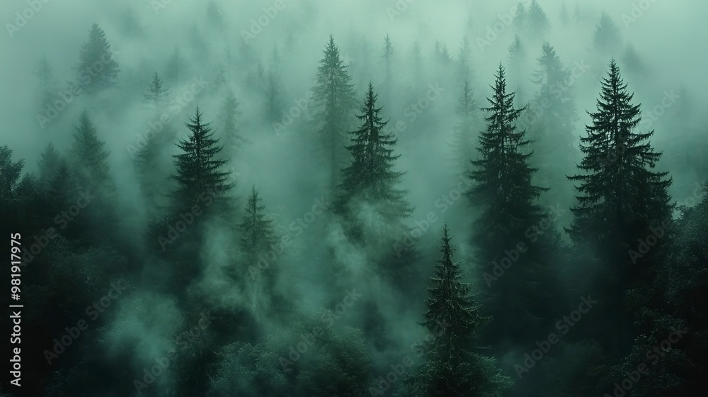 Mysterious and Serene Foggy Forest Landscape with Towering Evergreens and Atmospheric Mist A dense primeval forest shrouded in a mystical fog creates a hauntingly beautiful and tranquil scene Mysterious and Serene Foggy Forest Landscape with Towering Evergreens and Atmospheric Mist A dense primeval forest shrouded in a mystical fog creates a hauntingly beautiful and tranquil scene
