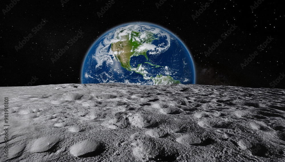 Obraz premium Image as if taken from Standing on the Moon with with Beautiful earth in the distant sky