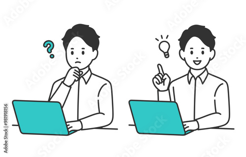 パソコンを見て疑問を持つ･ひらめきのポーズをする若い男性のセット【人物ベクターイラスト素材】