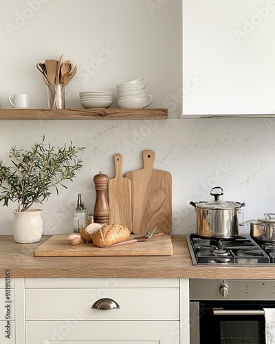 A minimalist kitchen where meals are prepared mindfully, with simple, fresh ingredients and uncluttered countertops, embodying slow living. photo