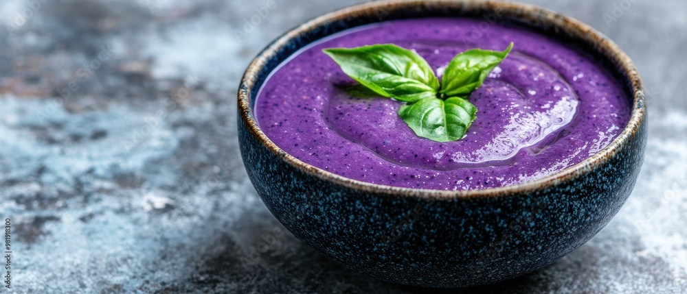 Vibrant purple smoothie bowl with fresh basil garnish Vibrant purple smoothie bowl with fresh basil garnish